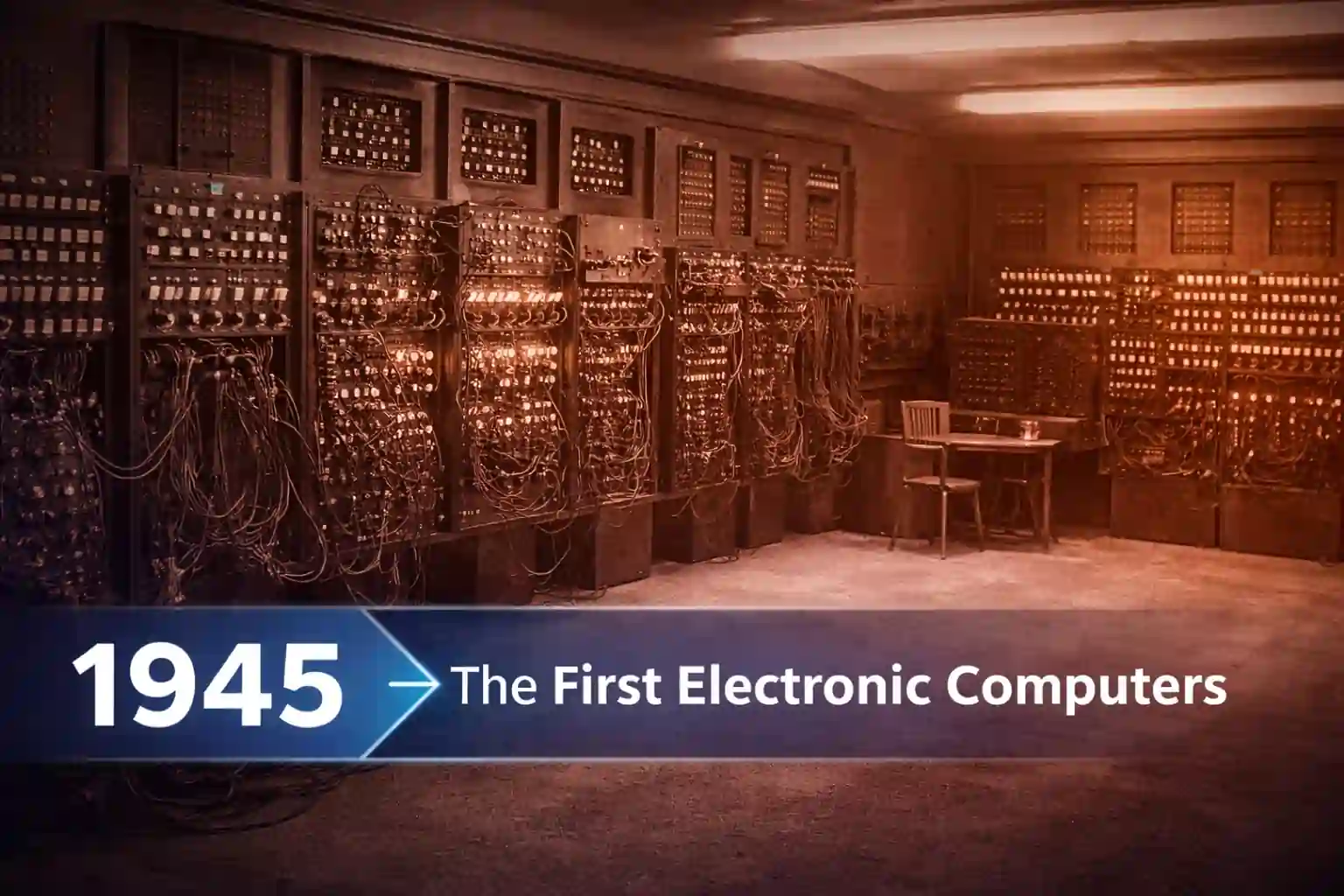 ENIAC electronic computer developed in 1945 occupying an entire room and marking the beginning of modern computing