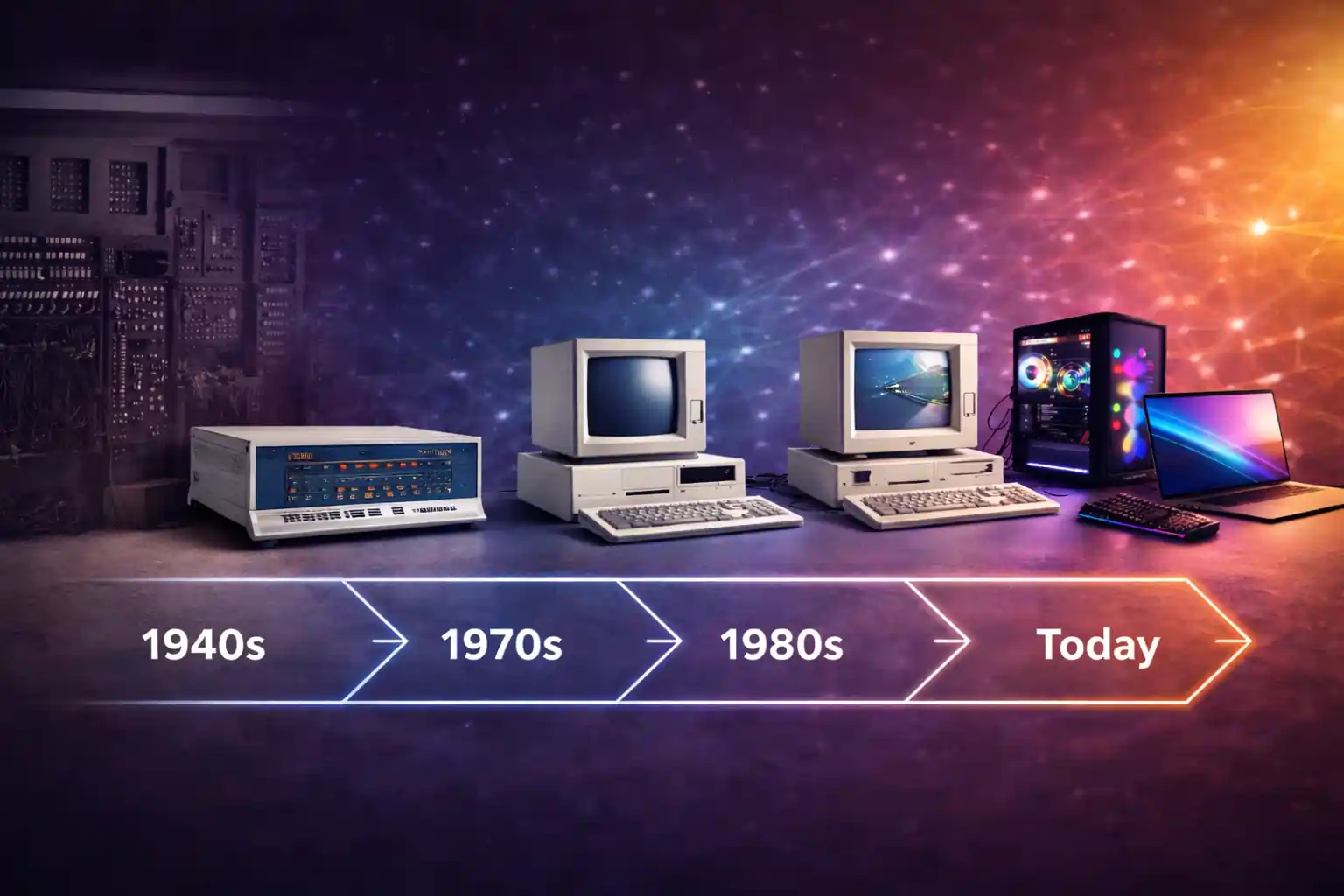 Timeline showing the evolution of personal computers from early electronic machines to modern AI-powered desktop and laptop computers