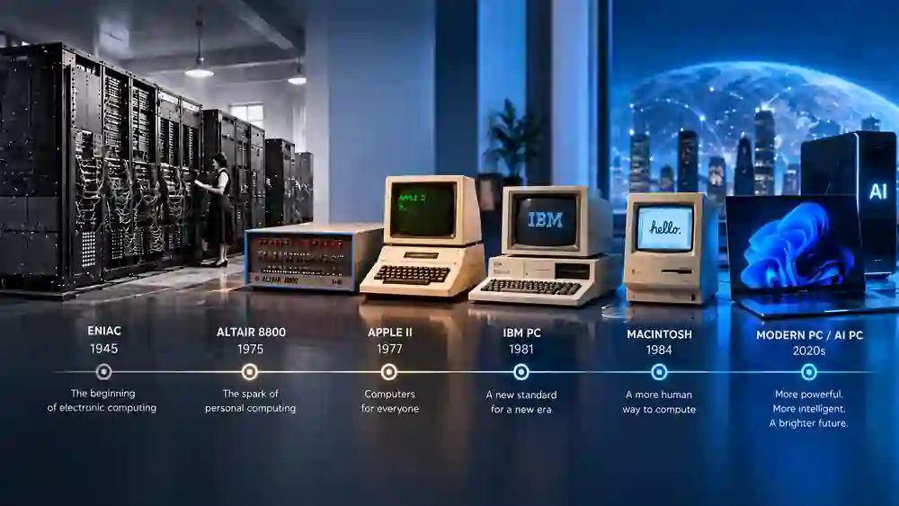 Evolution of personal computers from early electronic computers to modern AI-powered PCs
