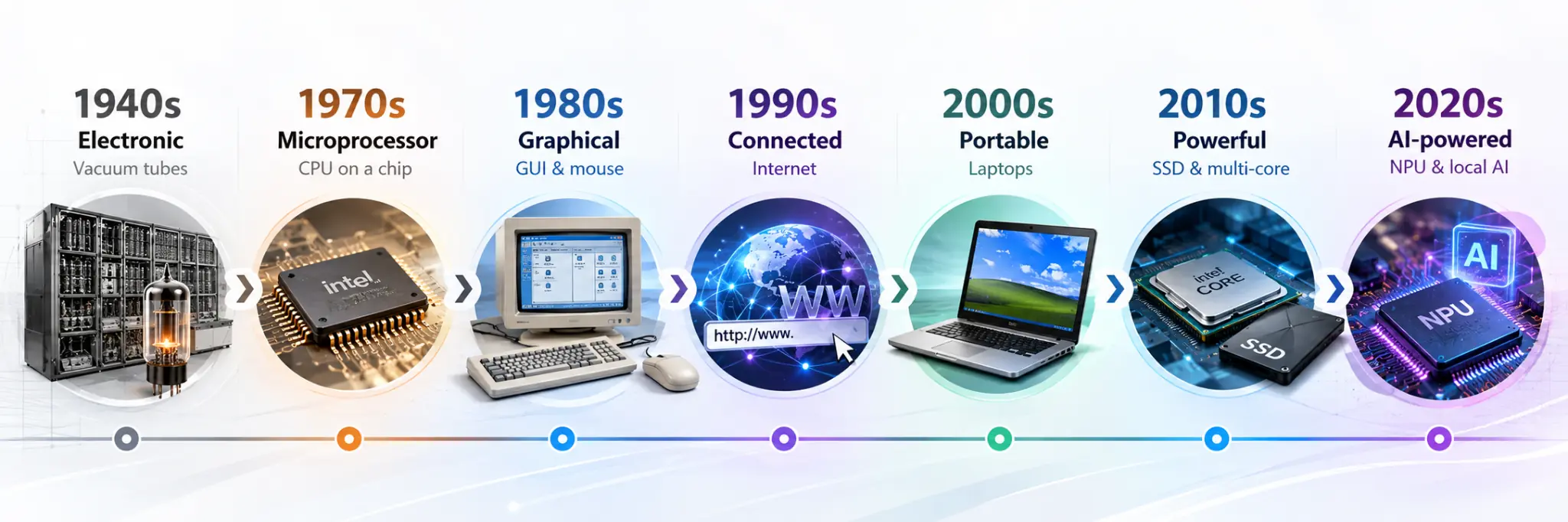 Evolution of computers from early electronic machines to modern AI-powered PCs
